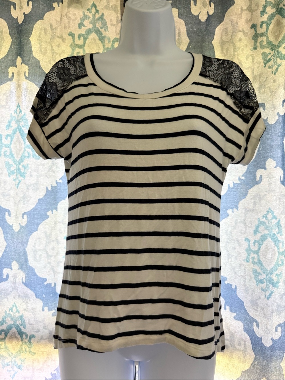Pleione Anthropologie Black White Striped Lace Shoulders Hi Low Top XS